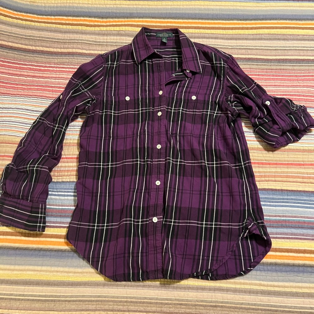 LRL Ralph Lauren Jeans Plaid Button Down Shirt Womens Small‎ Purple Long Sleeve